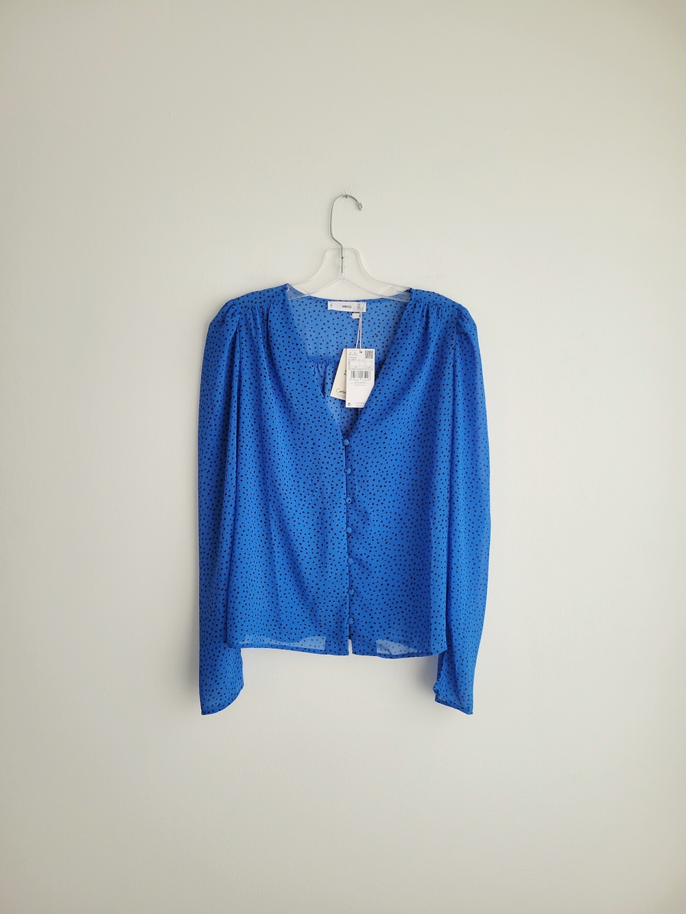NWT Mango Blue Polka Dot Long Puff Sleeve Button Front Blouse
